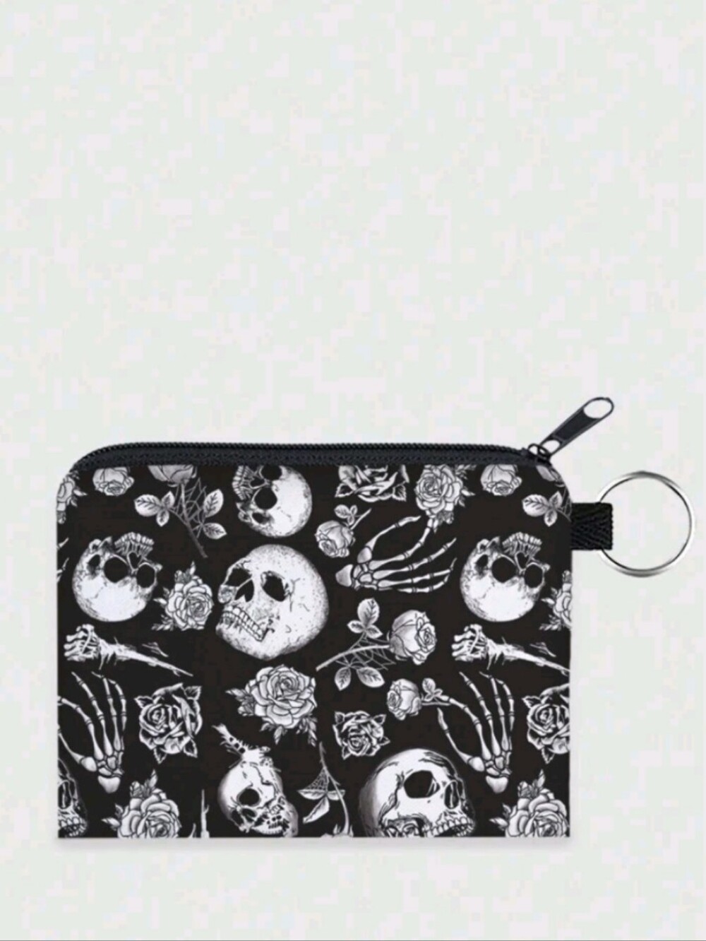 Skull & Rose Zip Pouch Keyring - Black & White
